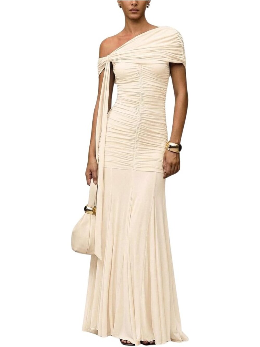 Women's Apricot Off The Shoulder Ruched Mesh Imported Formal Corset Dress